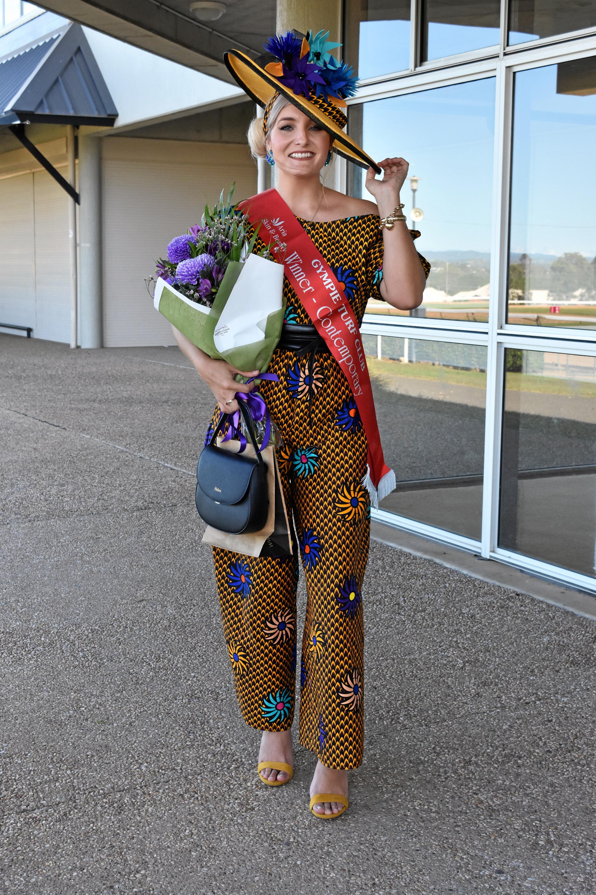 Fashions of the field - Ladies Winner contemporary Helen Strong. Picture: Bec Singh