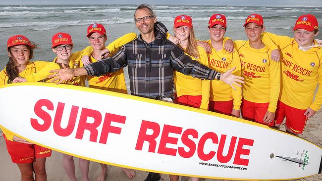 Bonbeach Life Saving Club nippers Elsie Zvara, Felicity Weston, Lachie Stacey, Isabelle Walterfang, Merlin Barnes, Max Reindel and Ryan Talbot with Art Pashchuk who they helped rescue. Picture: Ian Currie