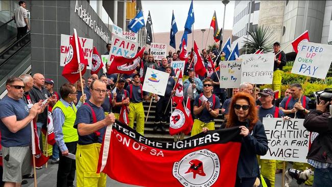 Chas Thomas, president of United Firefighters Union of SA Inc, and Max Adlam, secretary of the United Firefighters Union, gather at the ALP conference. Picture: Emma Brasier