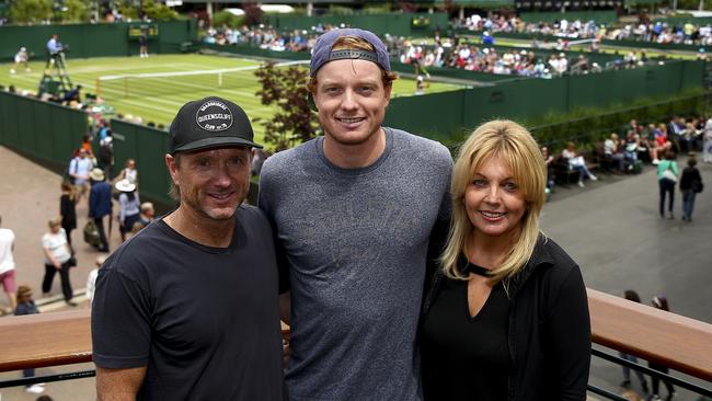 Matt Barton poses for a photo with his mum (Jane) and dad (Anthony) at Wimbledon. Picture: Getty Images