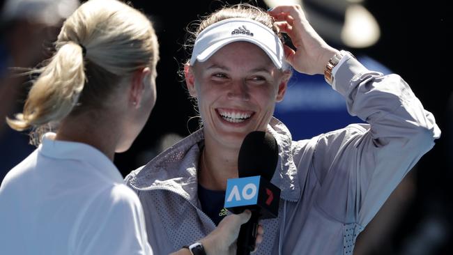 Caroline Wozniacki is interviewed after her semi-final win. Picture: AP