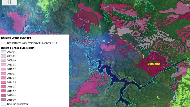 A map showing how the Erskine Creek Fire burnt across land that had undergone hazard reduction before jumping over the waterway. Picture: Supplied.