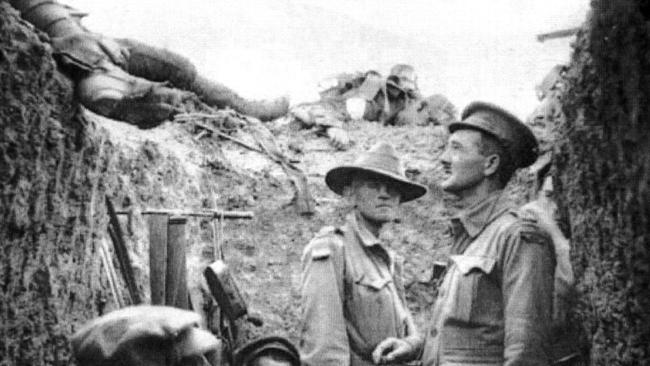 Captain Leslie Morshead views dead comrades in a captured Turkish trench at Lone Pine. Picture: Phillip Schuler, Australian National War Memorial