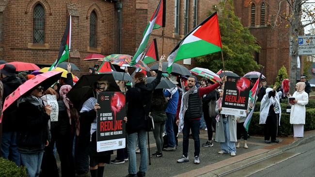 A protest in response to Israel's boarding of the Madleen ship and detention of its crew, organised by the Palestine Action Group Sydney and Students for Palestine, outside Prime Minister Anthony Albanese's electoral office in Marrickville. Picture: NewsWire / John Appleyard