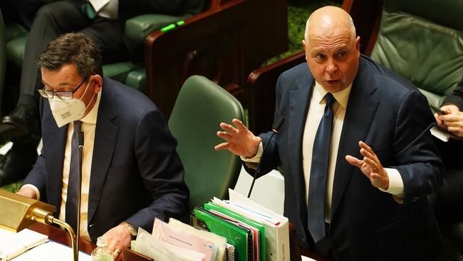 Tim Pallas and Daniel Andrews in parliament. Picture: Luis Enrique Ascui