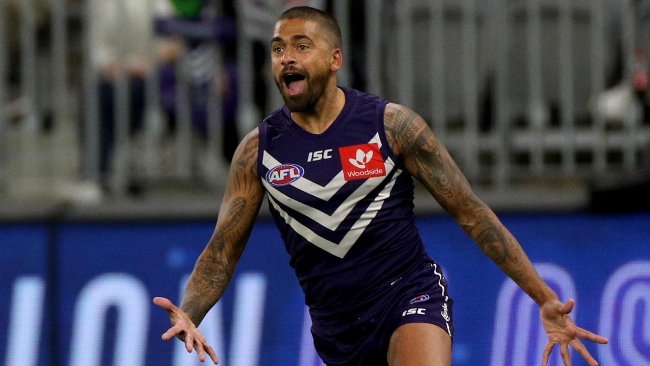 Bradley Hill of the Dockers celebrates after scoring a goal during the Round 18 AFL match between the Fremantle Dockers and the Sydney Swans at Optus Stadium in Perth, Saturday, July 20, 2019. (AAP Image/Richard Wainwright) NO ARCHIVING, EDITORIAL USE ONLY