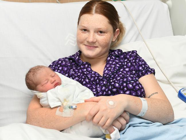 Kerri-Anne Olsen with Stella Raine who was born in the middle of Cyclone Kirrily weighing 3kgs. Picture: Shae Beplate.