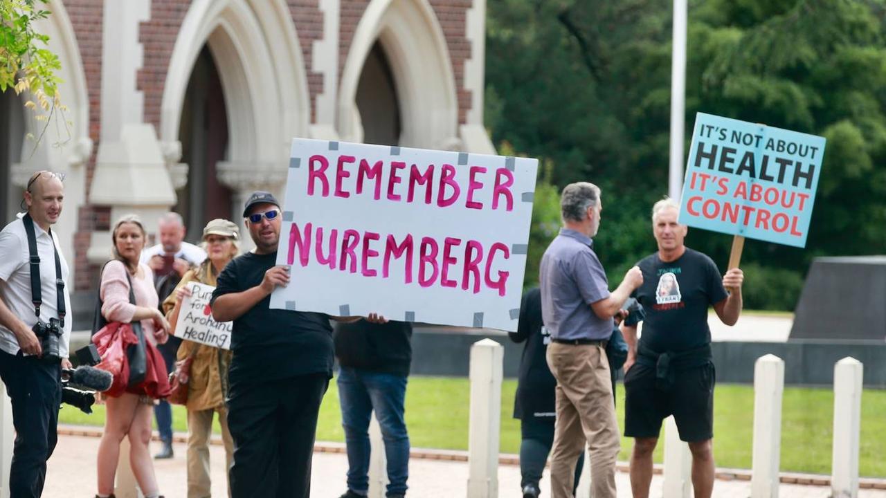 Protesters gather outside the Auckland High Court after Health New Zealand have sought guardianship of a baby after the parents refused unvaccinated blood for their baby ahead of heart surgery. Picture: Alex Burton/NZ Herald