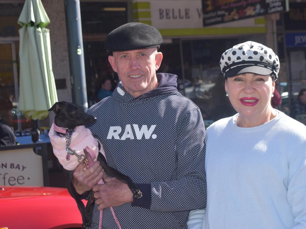 Gordon and Margaret Gray with their greyhounds Luna and Cosmo at the Grand Automobile Display during Jumpers and Jazz in July 2022. Photo: Jessica Paul / Warwick Daily News