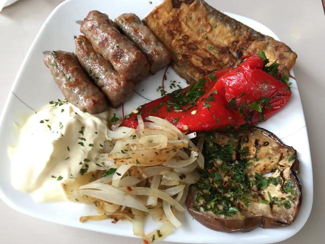 Cevapi with grilled eggplant and capsicum.