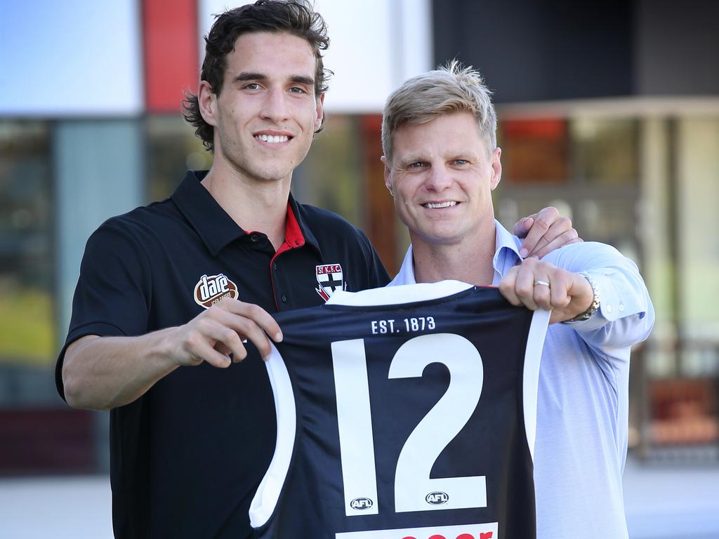 Exclusive. Saints jumper presentation. New draftee Max King excepts the No.12 jumper of Nick Riewoldt at the Saint's Moorabbin Ground. Picture: David Caird