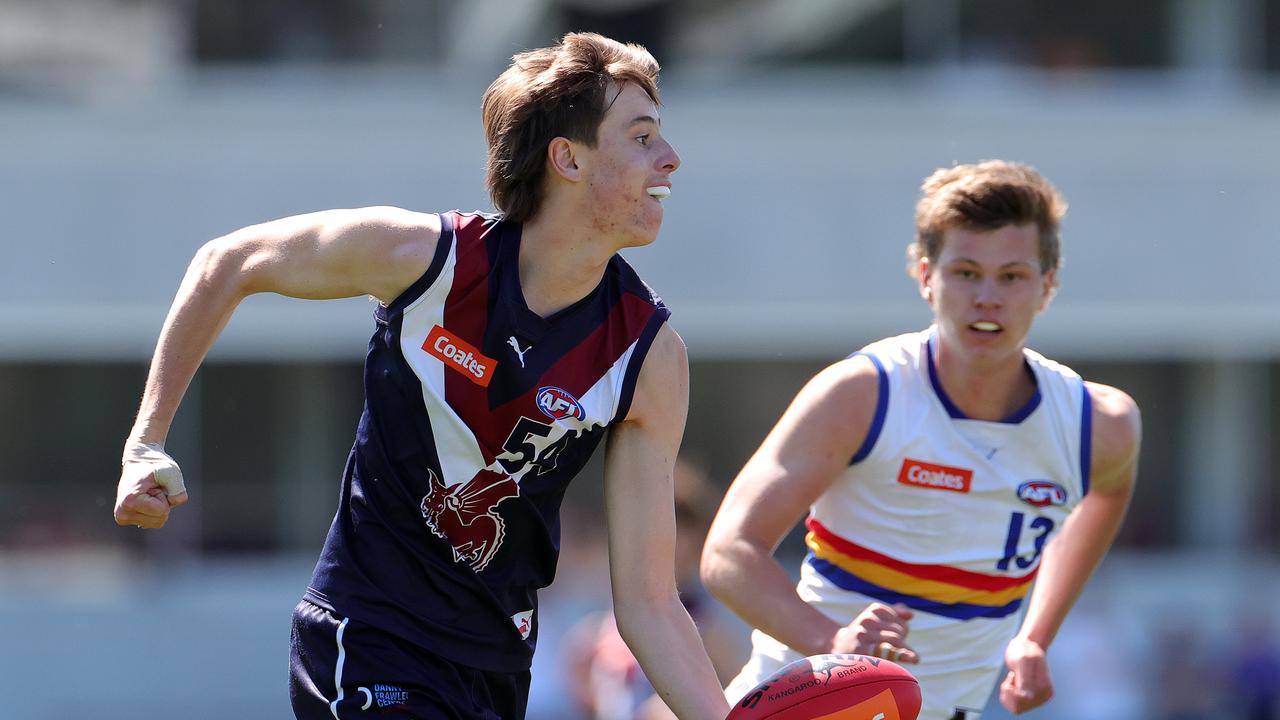 Oliver Murphy of the Dragons handballs during the Coates Talent League Boys Grand Final. Picture: Kelly Defina/AFL Photos/via Getty Images