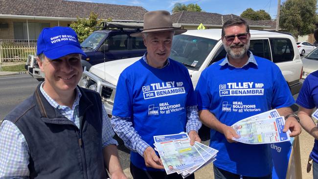 Benambra MP Bill Tilley, right, was supported by Albury MP Justin Clancy, left, and former Albury MP Greg Aplin, centre. Picture: David Johnston.