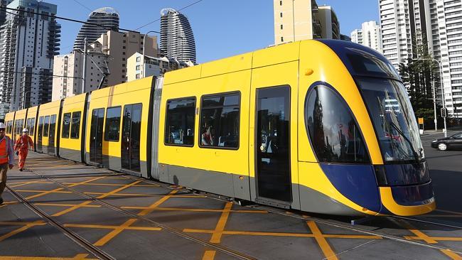 Trams arrive by light rail for the first time in Broadbeach today. Picture Glenn Hampson