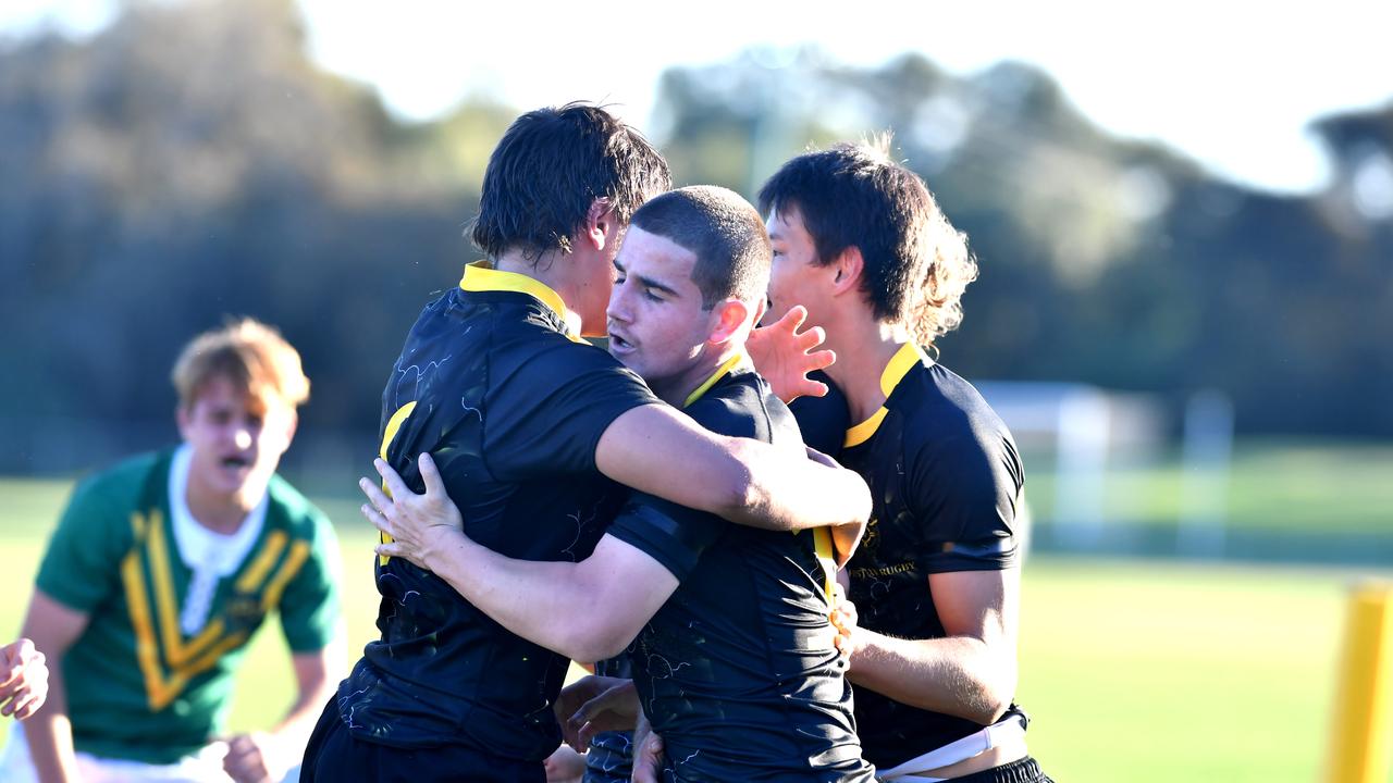 St Laurence celebrate. AIC First XV rugby match between St Laurence's College and St Patrick's College. Saturday June 5, 2021. Picture John Gass