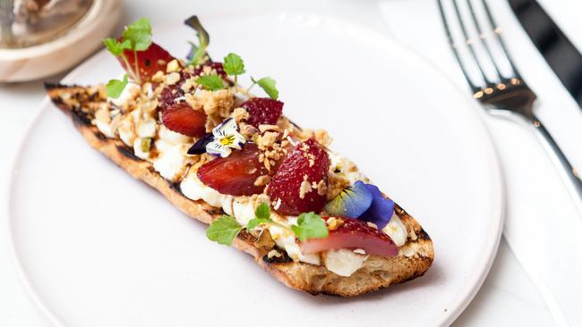 Fresh strawberry, granola and vanilla ricotta on brioche at White Mojo Glen Waverley.