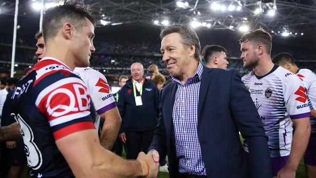 Cooper Cronk shakes hands with Craig Bellamy after the 2018 NRL Grand Final. Picture: Brett Costello