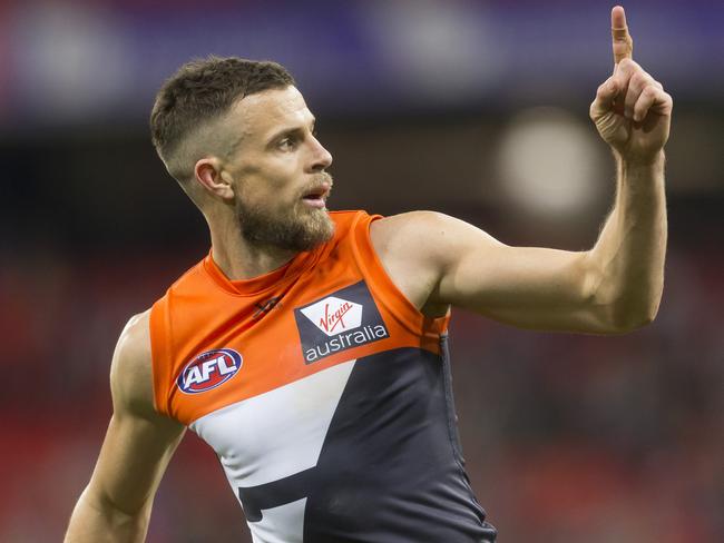 Brett Deledio of the Giants celebrates after kicking a goal during the Round 19 AFL match between the Greater Western Sydney (GWS) Giants and the St Kilda Saints at Spotless Stadium in Sydney, Saturday, July 28, 2018. (AAP Image/Craig Golding) NO ARCHIVING, EDITORIAL USE ONLY