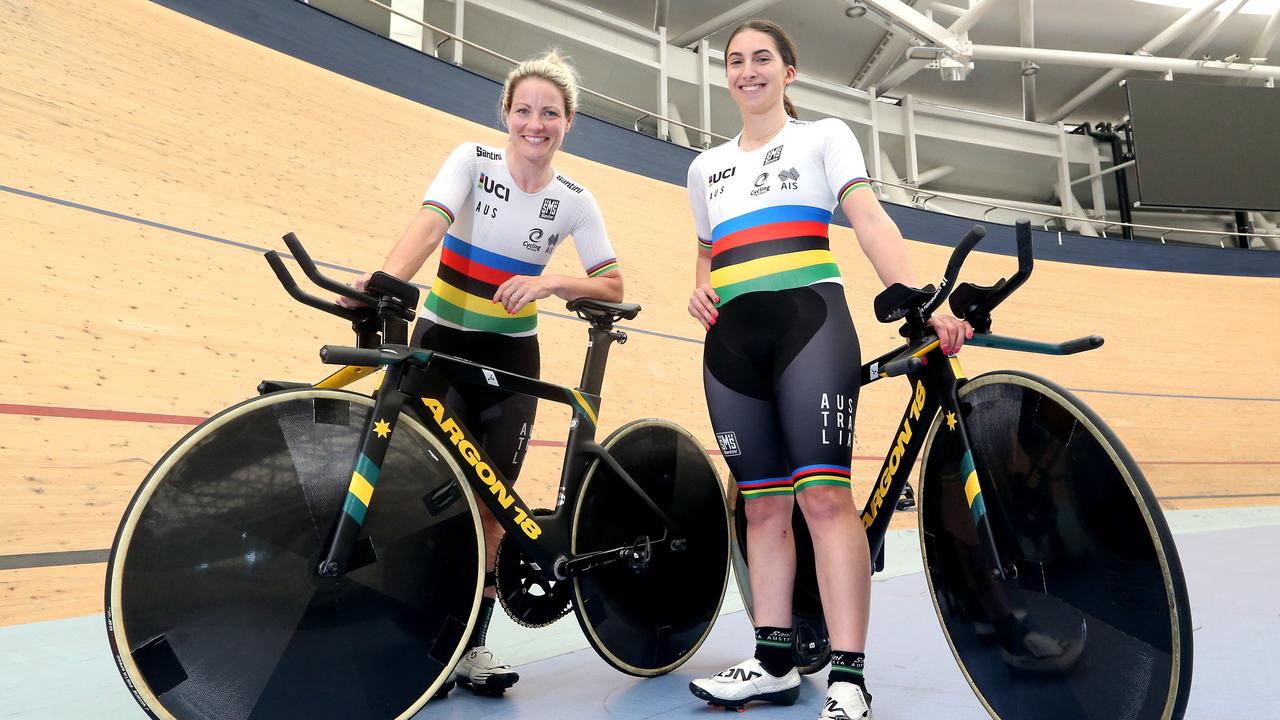 World champions and likely Tokyo Paralympic athletes Emily Petricola (L) and Paige Greco at Anna Meares Velodrome.Picture: NCA NewsWire / Richard Gosling