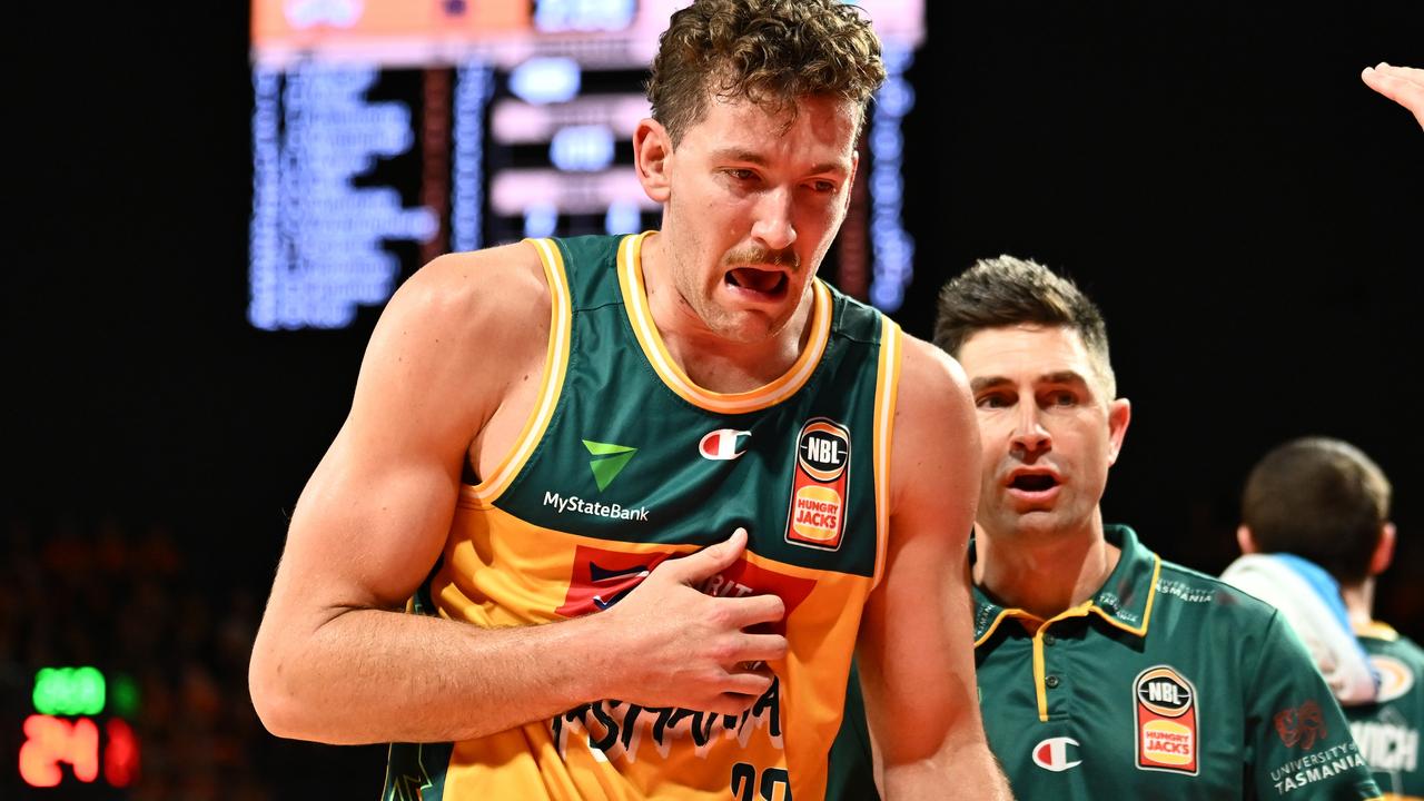 Will Magnay of the Jackjumpers leaves the court during the round 18 NBL match between Cairns Taipans and Tasmania Jackjumpers at Cairns Convention Centre, on February 01, 2024, in Cairns, Australia. Picture: Emily Barker/Getty Images.