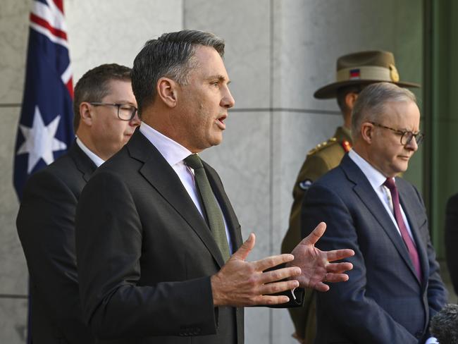 CANBERRA, AUSTRALIA - APRIL 24: The Prime Minister, Anthony Albanese, Deputy Prime Minister and Minister for Defence, Richard Marles, Minister for Defence Industry, Pat Conroy, and the Chief of the Defence Force, General Angus Campbell hold a press conference after releasing the Defense Strategic Review at Parliament House Canberra. Picture: NCA NewsWire / Martin Ollman