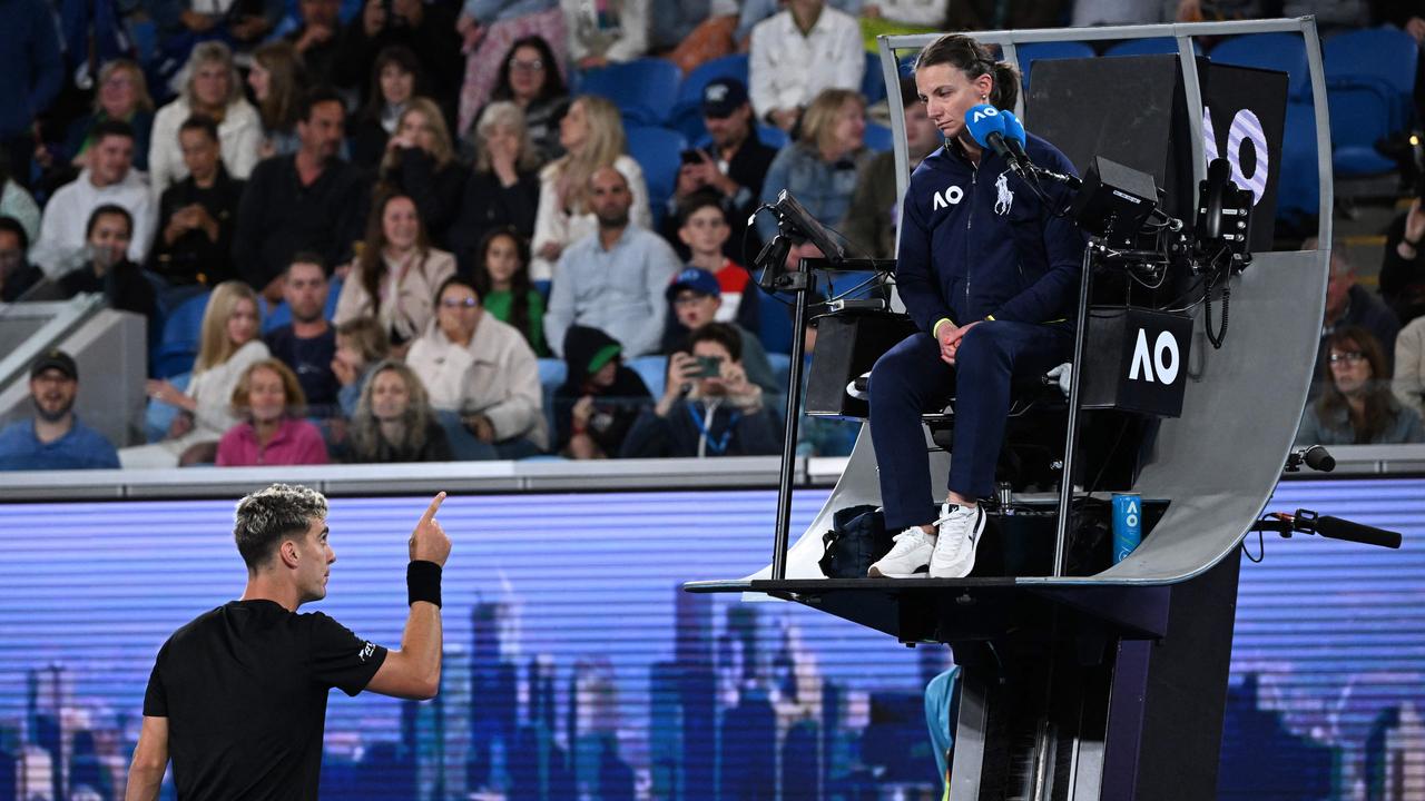 Kokkinakis of Australia lost it at the umpire after she called a service violation. Picture: William West / AFP