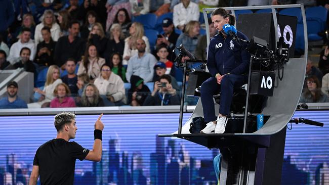 Kokkinakis of Australia lost it at the umpire after she called a service violation. Picture: William West / AFP