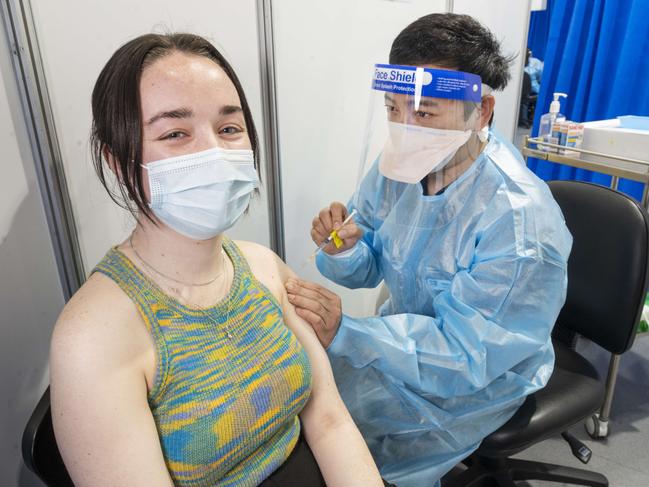 Niamh Hollick getting her first AstraZeneca injection. Picture: Rob Leeson.