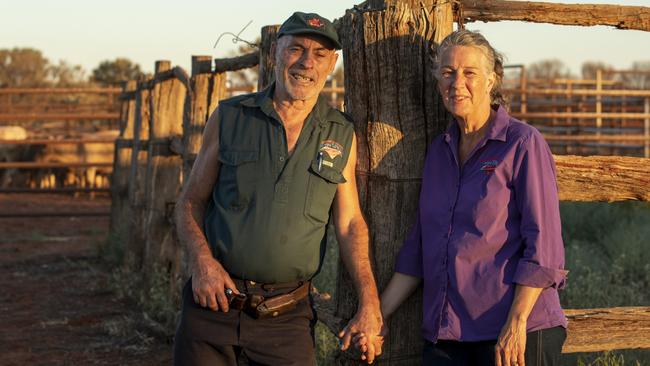 Lyndee Severin and her husband Ashley on Curtin Springs Station at Petermann in the Northern Territory. Picture: Grenville Turner.