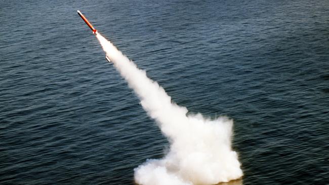 A Tomahawk cruise missile is launched from the nuclear-powered attack submarine USS La Jolla on the Pacific Missile Test Centre range.