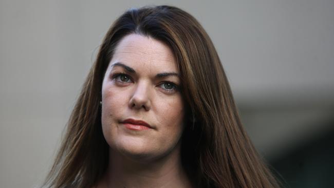 Senator Sarah Hanson-Young speaking at a press conference, Parliament House in Canberra.