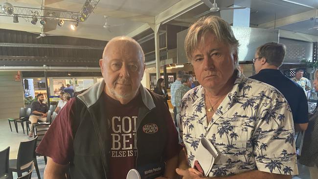 Bowen business owners Alan Bryson of Harbourside Homestay and David Paddon of Horseshoe Bay Cafe spoke up in support of Whitsunday Paradise at the September 2021 Bowen Chamber of Commerce meeting. Picture: Kirra Grimes