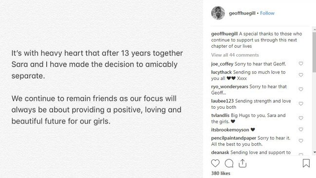 Geoff Huegill announced the split on social media this morning. Picture: Instagram/@geoffhuegill