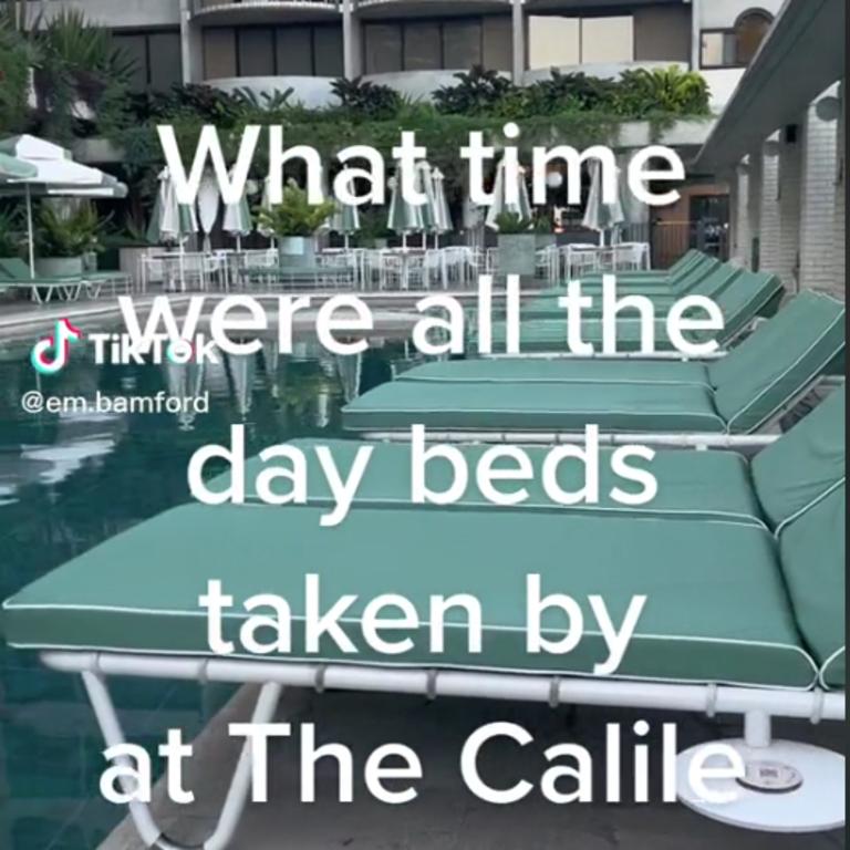 The video showed fellow hotel patrons engaging in “sunbed wars” at the crack of dawn. Picture: TikTok/em.bamford