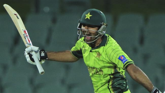 Pakistan’s Sarfraz Ahmed, jumps as he celebrates his hundred runs during their Cricket World Cup Pool B match against Ireland in Adelaide, Australia, Sunday, March 15, 2015. (AP Photo/James Elsby)