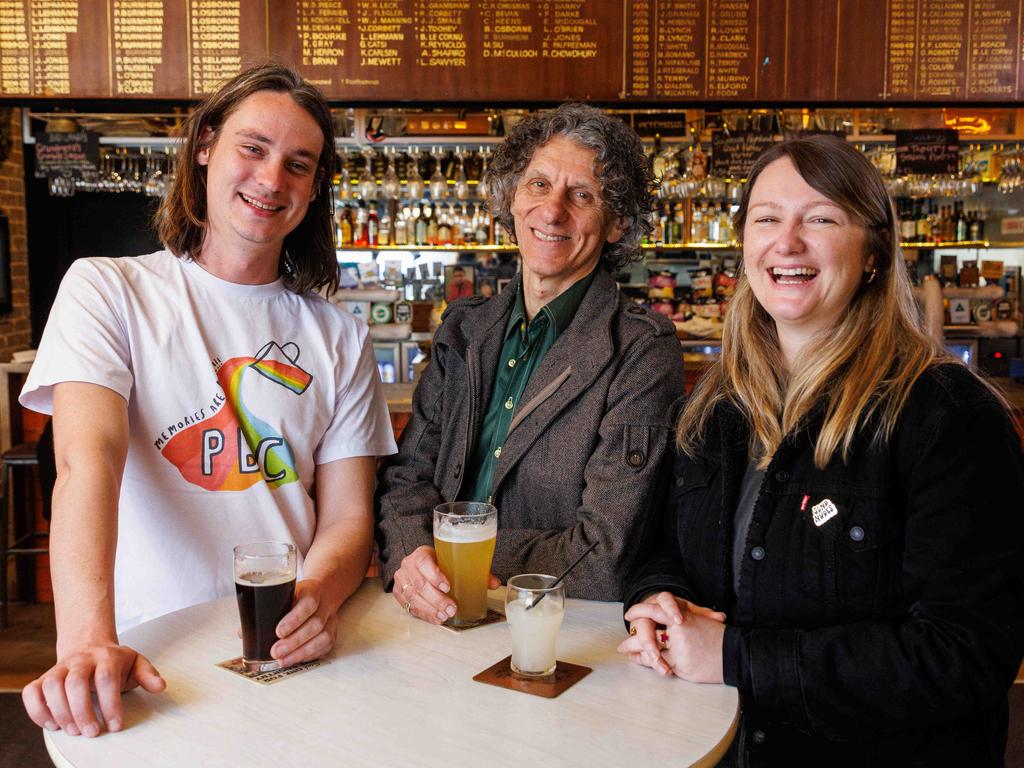 Carl Manwarring, George Casti and Hayley Lyon at the pokies-free Petersham Bowling Club. Picture: David Swift