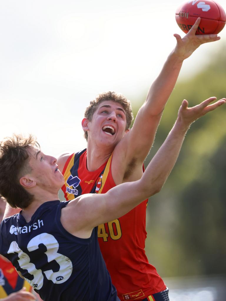 Alex Dodson gets the jump on his opponent during this year’s AFL under-18 championships. Picture: Cory Sutton