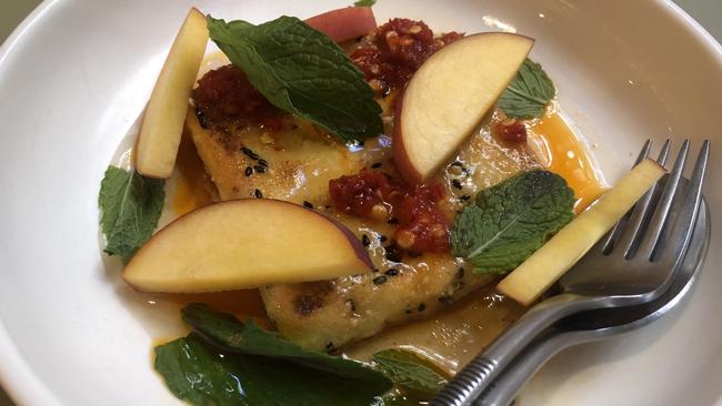 Fried feta, honey, fermented chilli and peach at Olive restaurant.