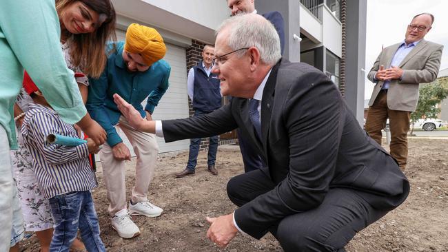 Scott Morrison visits a family at their new home in Donnybrook. Picture: Ian Currie/NCA NewsWire