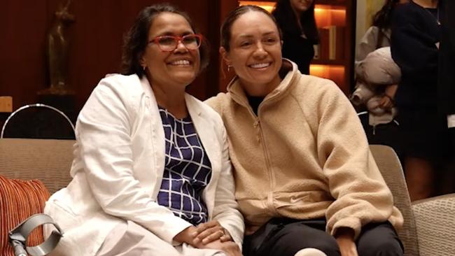 Cathy Freeman is seen on crutches at a Matilda's function this week.