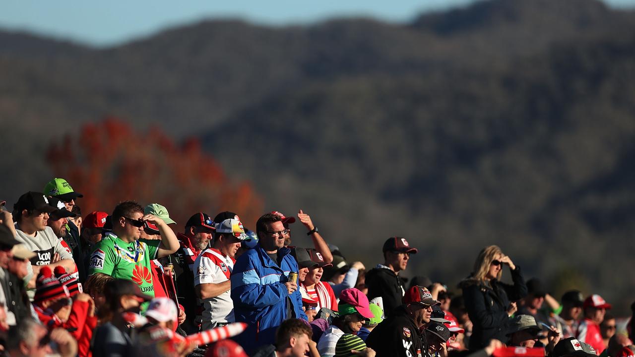 Fans watch the Round 11 NRL match between the St George Illawarra Dragons and the Canberra Raiders at Glen Willow Sporting Complex in Mudgee on May 20, 2018. Photo: Mark Metcalfe/Getty Images