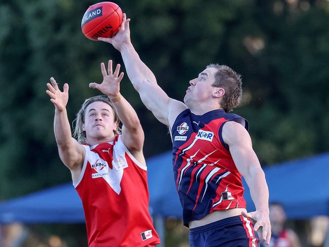 EFL: Waverley Blues Matt Perry with the timely spoil. Picture: George Salpigtidis