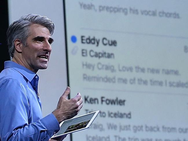 SAN FRANCISCO, CA - JUNE 08: Apple Craig Federighi, Apple senior vice president of Software Engineering, speaks about the iPad during Apple WWDC on June 8, 2015 in San Francisco, California. Apple annouced a new OS X, El Capitan, and iOS 9 during the keynote at the annual developers conference that runs through June 12. Justin Sullivan/Getty Images/AFP == FOR NEWSPAPERS, INTERNET, TELCOS & TELEVISION USE ONLY ==