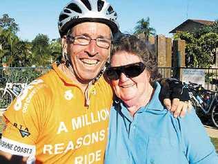 AIDING THE CAUSE: Tour de Cure rider Paul Egan, of Brisbane, accepts a $100 donation from Dawn Robertson, from the Permanent Residents’ Club at the Ballina Lakeside Holiday Park.