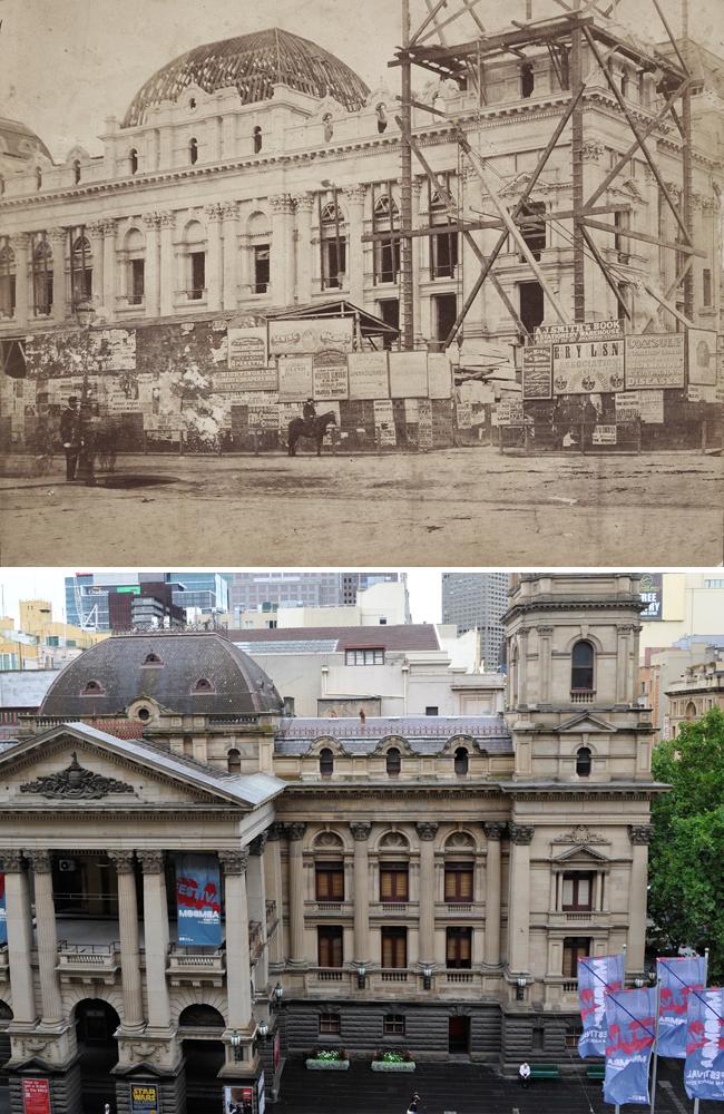 The Melbourne Town Hall under construction circa 1869, and as it is now after the front facade was extended. Pictures: State Library of Victoria, Herald Sun archive