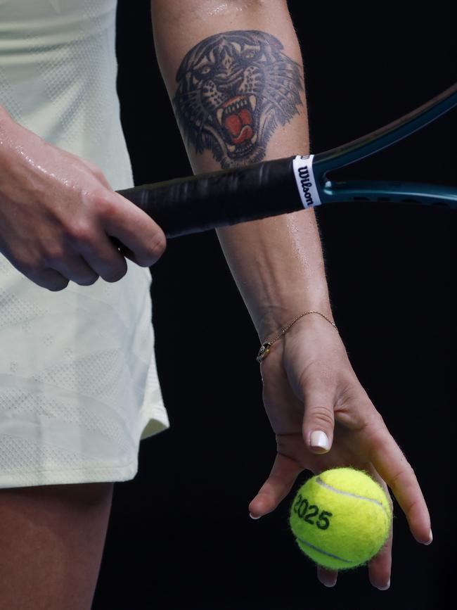 A tiger tattoo on the arm of Aryna Sabalenka. Picture: Michael Klein