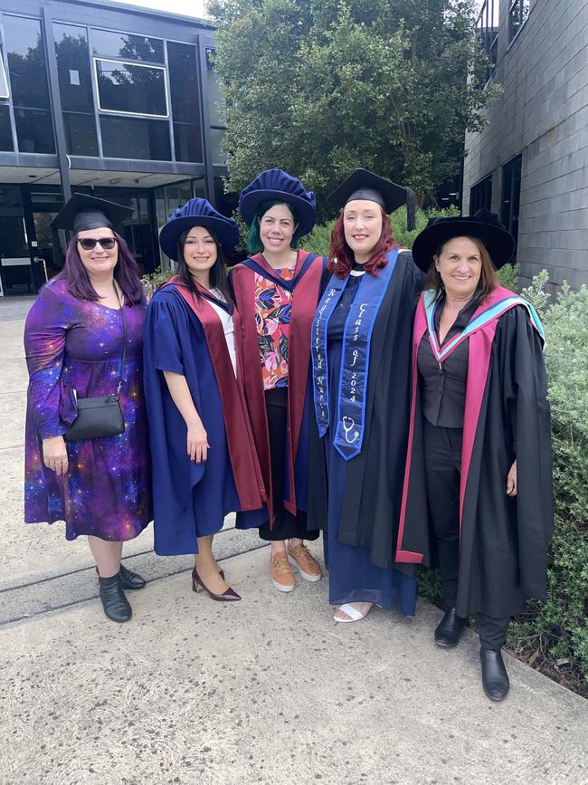 Kirsten Smith (Bachelor of Nursing), Dr Samira Hamadeh, Dr Elissa Dabkowski, Tee Taylor (Bachelor of Nursing) and Associate professor Karen Missen at the Federation University Churchill Campus graduations on Tuesday, March 25, 2025. Picture: Jack Colantuono