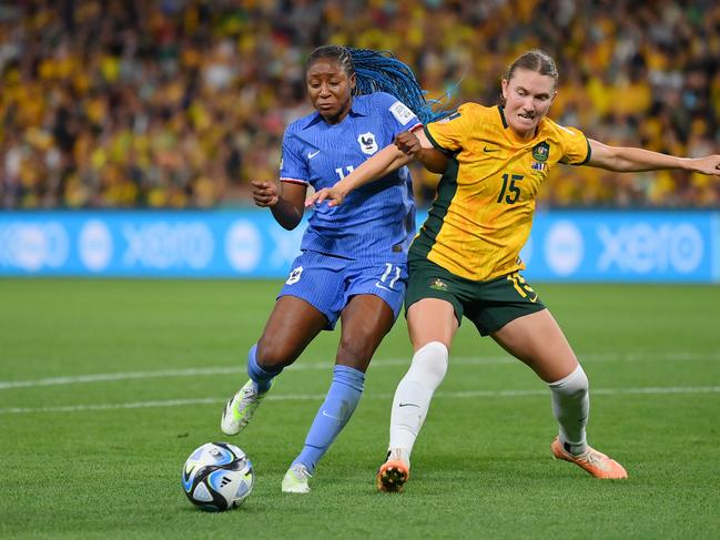 Matildas defender Clare Hunt (right) battles with France’s Kadidiatou Diani at last year’s FIFA Women’s World Cup. Picture: Justin Setterfield/Getty Images