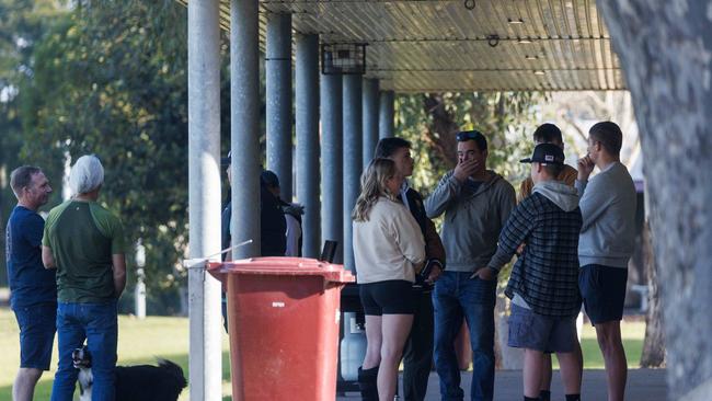 Members of the community come together at the Singleton AFL Club. People awaiting more news about their friends. Picture: David Swift