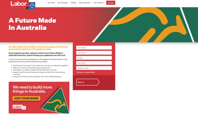 The Labor website featuring the Australian Made logo.